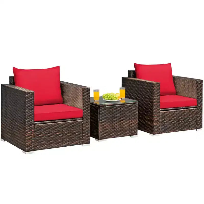 Set Divano da Esterno Costway 3 Pezzi in Rattan, con Cuscini Turchese\Rosso