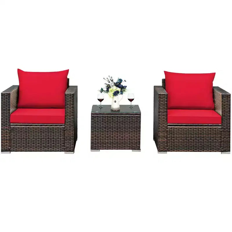 Set Divano da Esterno Costway 3 Pezzi in Rattan, con Cuscini Turchese\Rosso
