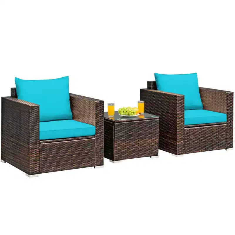Set Divano da Esterno Costway 3 Pezzi in Rattan, con Cuscini Turchese\Rosso