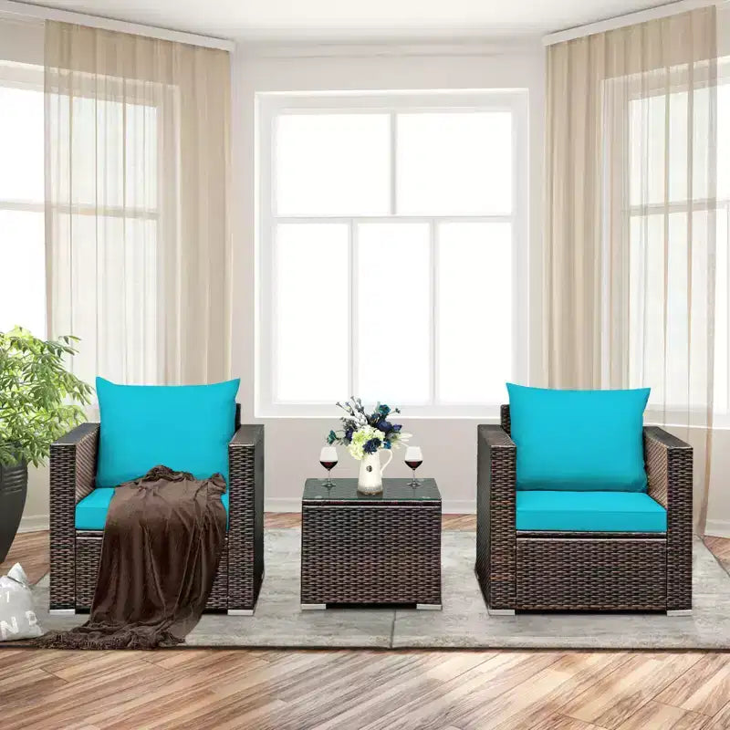 Set Divano da Esterno Costway 3 Pezzi in Rattan, con Cuscini Turchese\Rosso