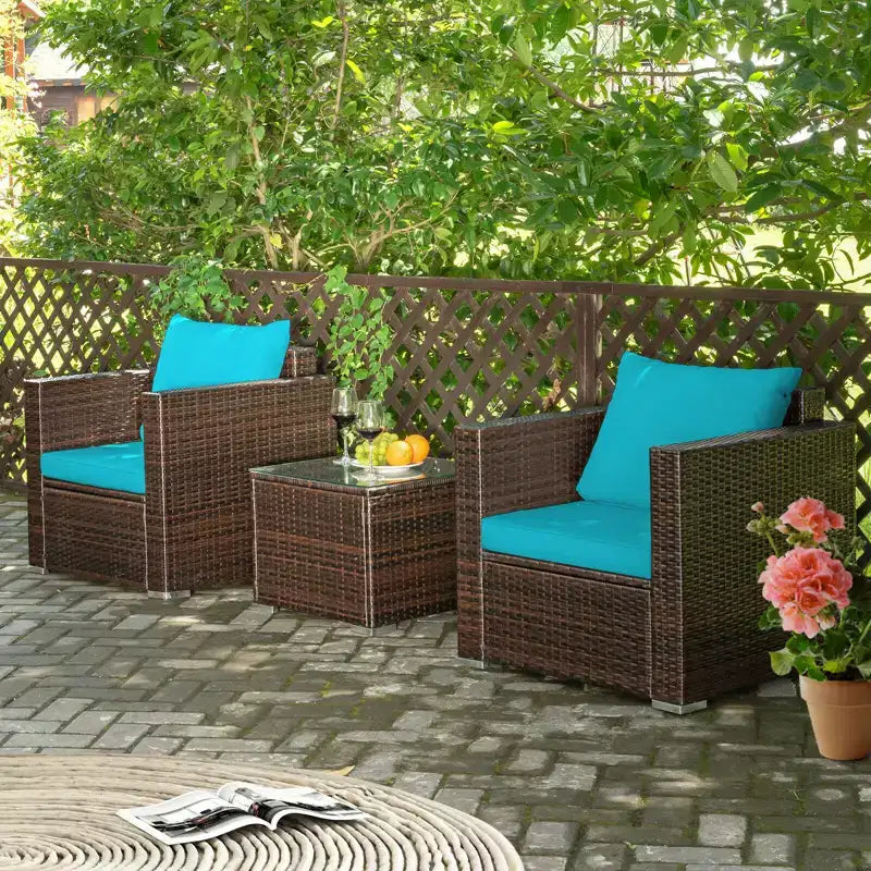 Set Divano da Esterno Costway 3 Pezzi in Rattan, con Cuscini Turchese\Rosso