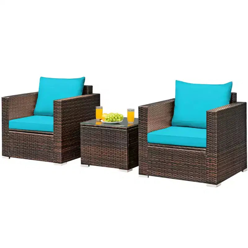 Set Divano da Esterno Costway 3 Pezzi in Rattan, con Cuscini Turchese\Rosso