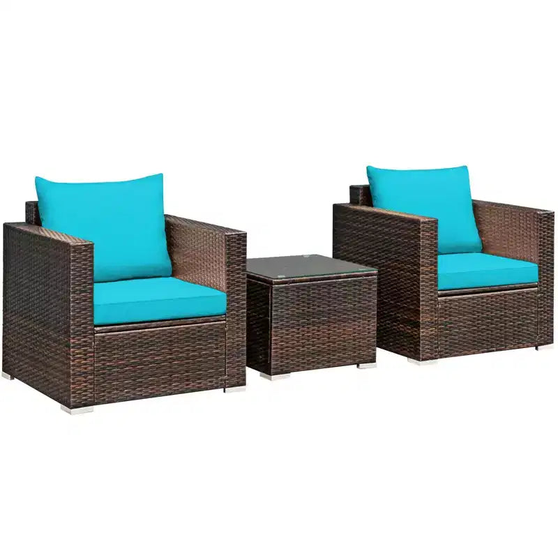 Set Divano da Esterno Costway 3 Pezzi in Rattan, con Cuscini Turchese\Rosso