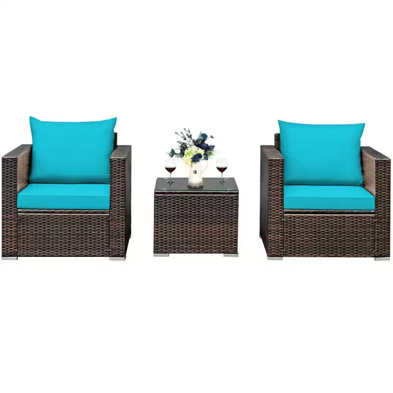 Set Divano da Esterno Costway 3 Pezzi in Rattan, con Cuscini Turchese\Rosso