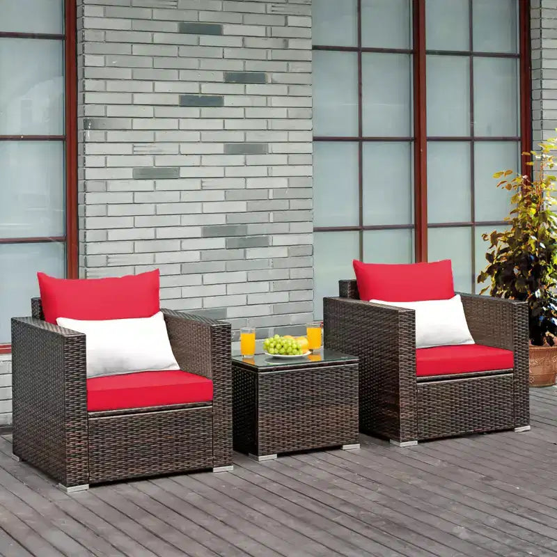 Set Divano da Esterno Costway 3 Pezzi in Rattan, con Cuscini Turchese\Rosso