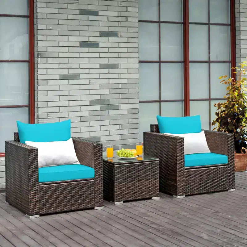 Set Divano da Esterno Costway 3 Pezzi in Rattan, con Cuscini Turchese\Rosso