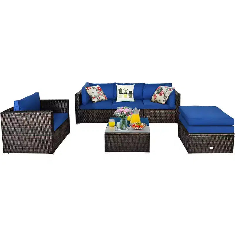 Costway Set Mobili da Giardino 6 Pezzi in Rattan Divano Sezionale con Cuscini Tavolino Ottomana Blu Navy