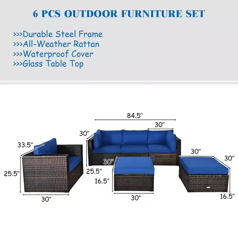 Costway Set Mobili da Giardino 6 Pezzi in Rattan Divano Sezionale con Cuscini Tavolino Ottomana Blu Navy