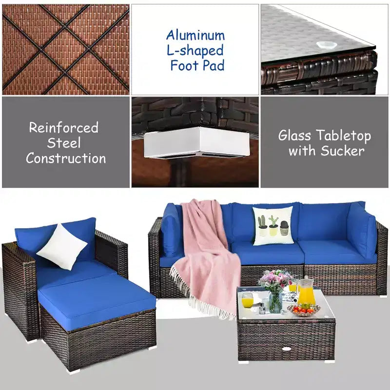 Costway Set Mobili da Giardino 6 Pezzi in Rattan Divano Sezionale con Cuscini Tavolino Ottomana Blu Navy