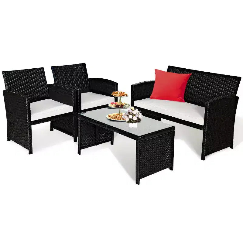 Costway Set Salotto da Giardino 4 Pezzi con Divano e Tavolino da Caffè in Rattan Imbottito Nero