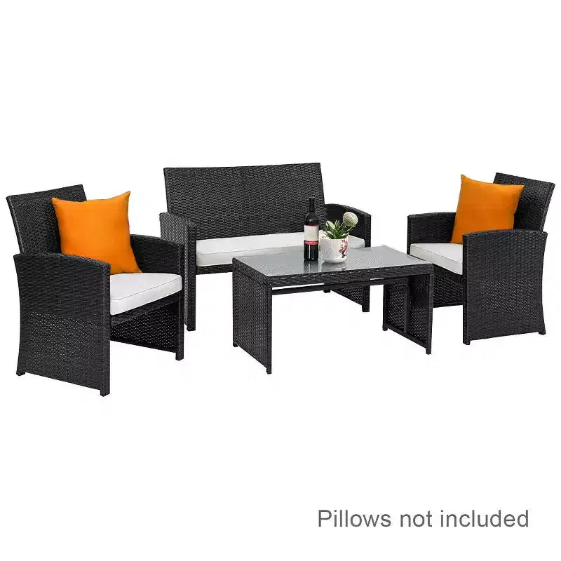 Costway Set Salotto da Giardino 4 Pezzi con Divano e Tavolino da Caffè in Rattan Imbottito Nero