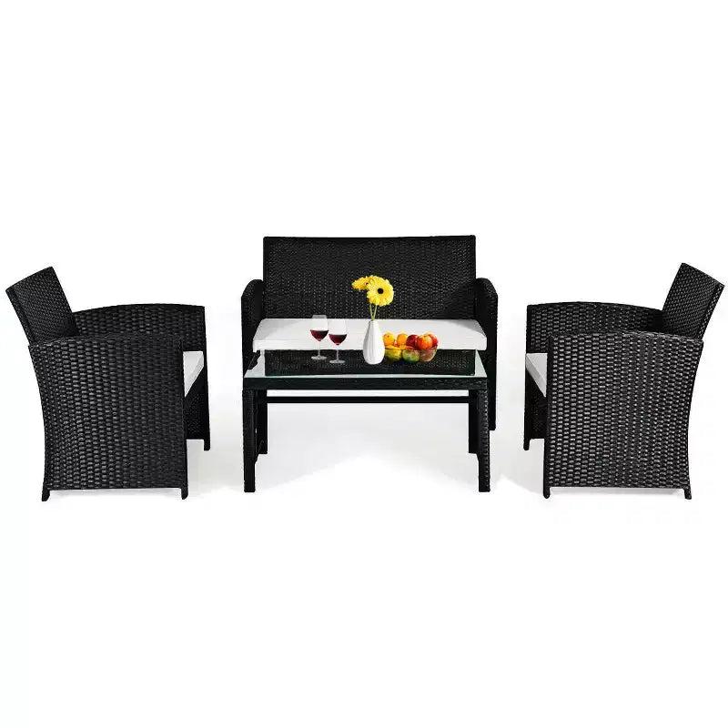 Costway Set Salotto da Giardino 4 Pezzi con Divano e Tavolino da Caffè in Rattan Imbottito Nero