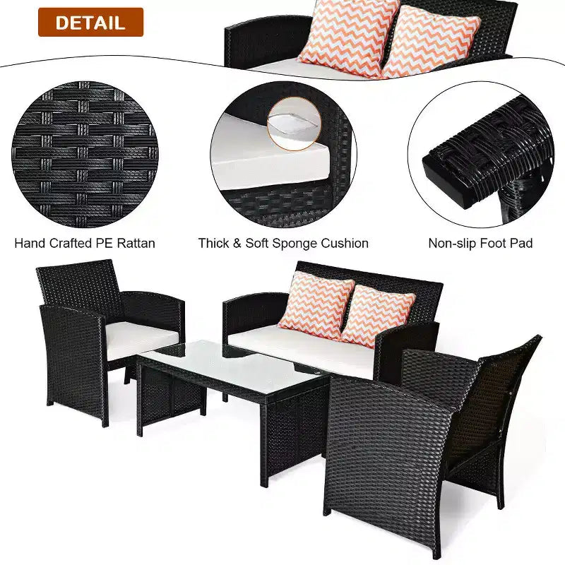 Costway Set Salotto da Giardino 4 Pezzi con Divano e Tavolino da Caffè in Rattan Imbottito Nero