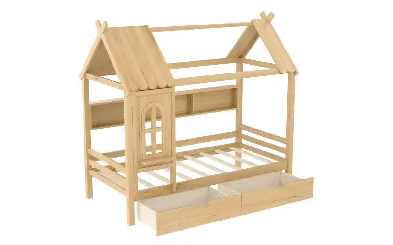 Letto a piattaforma a forma di casetta con cassetti contenitore e finestra, struttura in legno massello con ripiani, design giocoso per bambini, bianco chiaro
