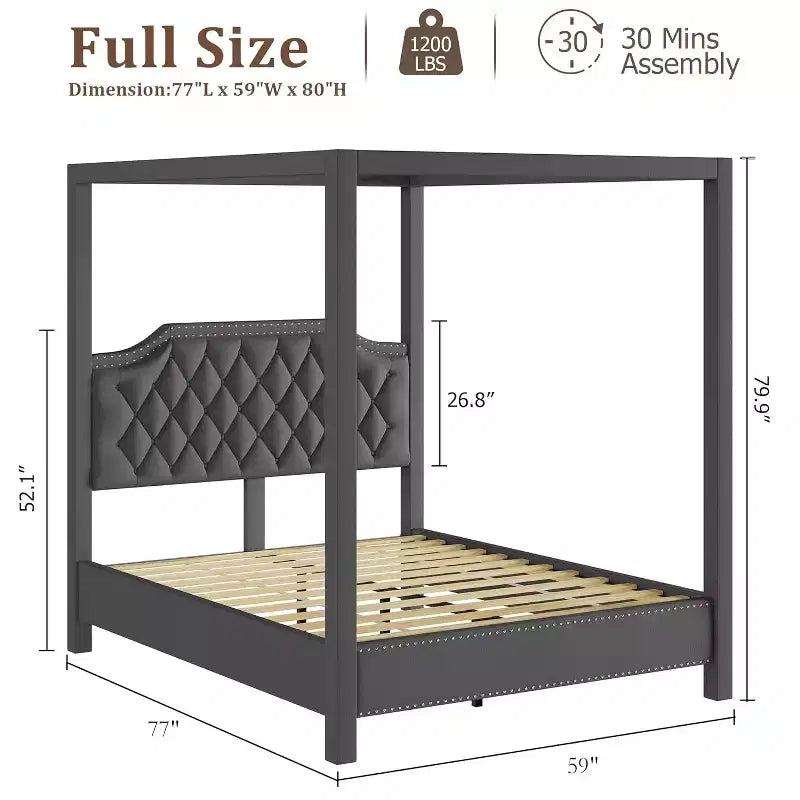 Struttura letto a baldacchino Queen Size con pali e supporti angolari a 4 punti, doghe in legno massello, senza necessità di rete a molle, silenziosa