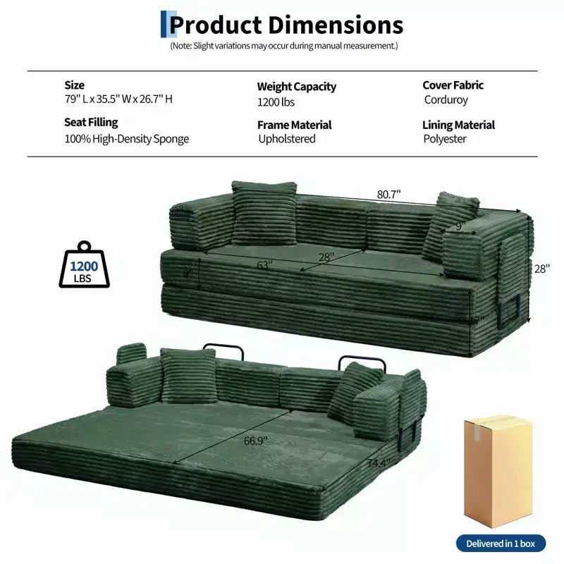 Divano letto convertibile 5 in 1 da 80,7" in velluto a coste, 544 kg, nessun montaggio richiesto