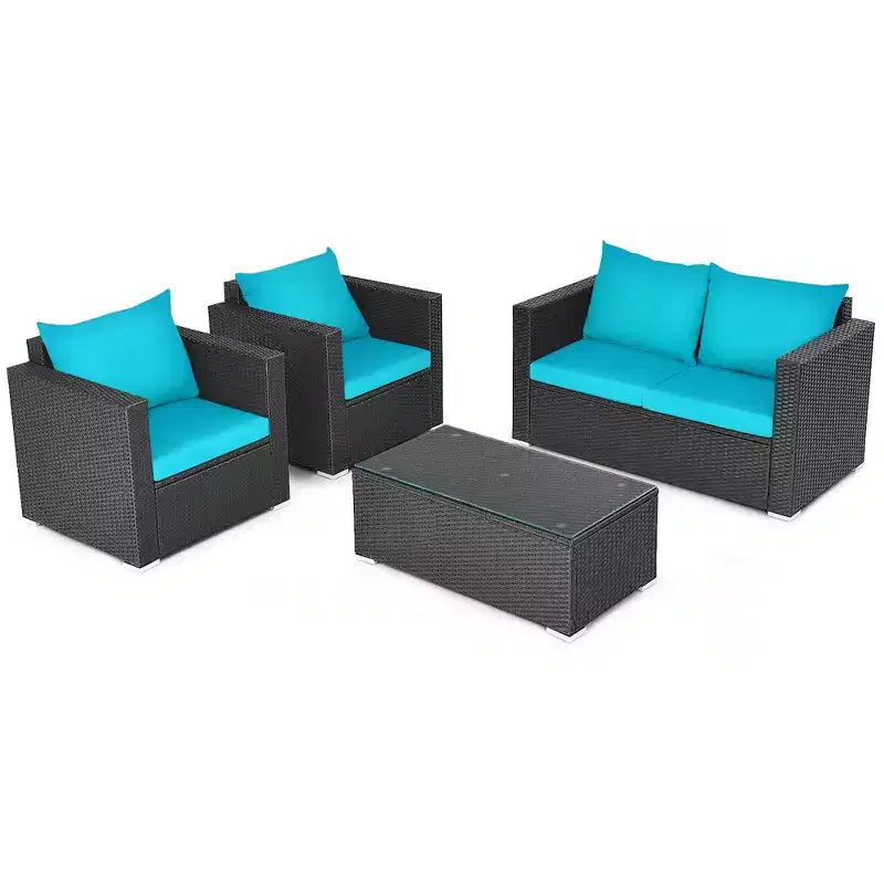 Costway Set 4 Pezzi Patio Rattan Divano Imbottito Sedia Tavolino da Caffè Turchese