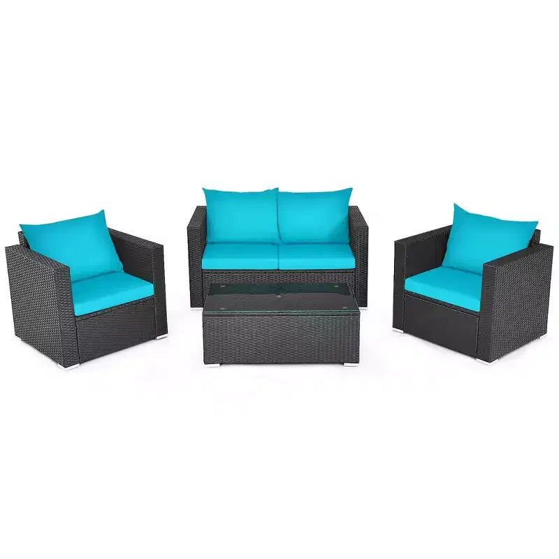 Costway Set 4 Pezzi Patio Rattan Divano Imbottito Sedia Tavolino da Caffè Turchese