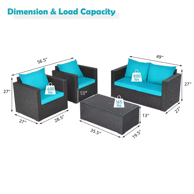 Costway Set 4 Pezzi Patio Rattan Divano Imbottito Sedia Tavolino da Caffè Turchese
