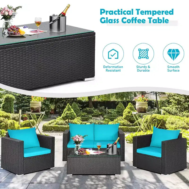 Costway Set 4 Pezzi Patio Rattan Divano Imbottito Sedia Tavolino da Caffè Turchese