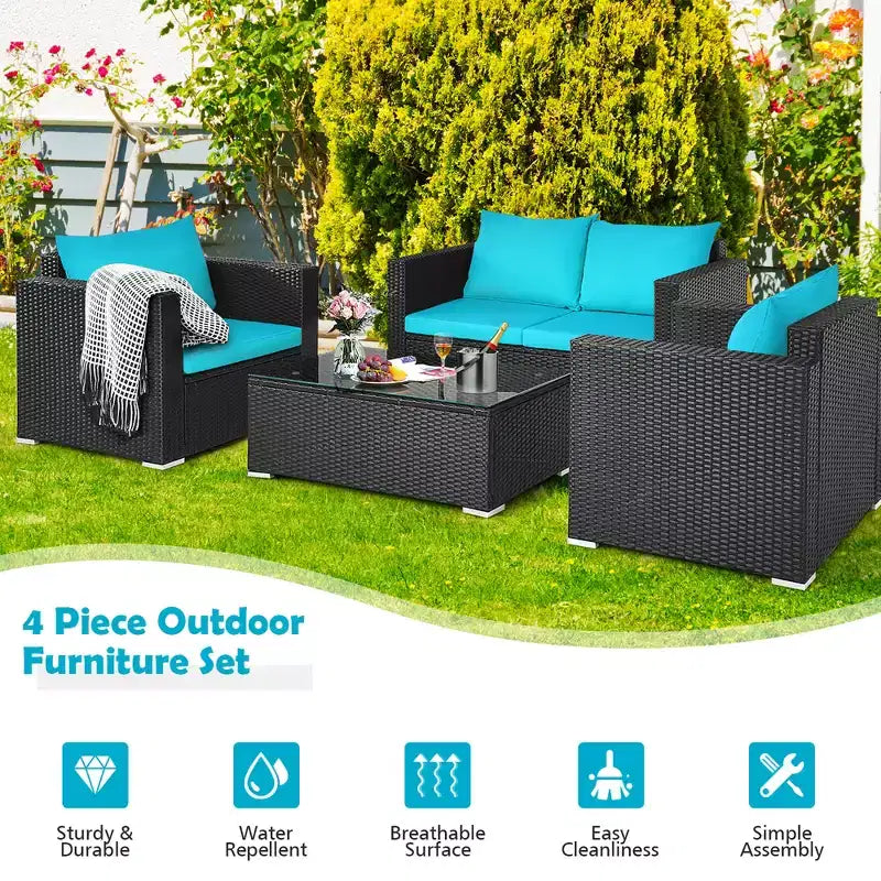 Costway Set 4 Pezzi Patio Rattan Divano Imbottito Sedia Tavolino da Caffè Turchese