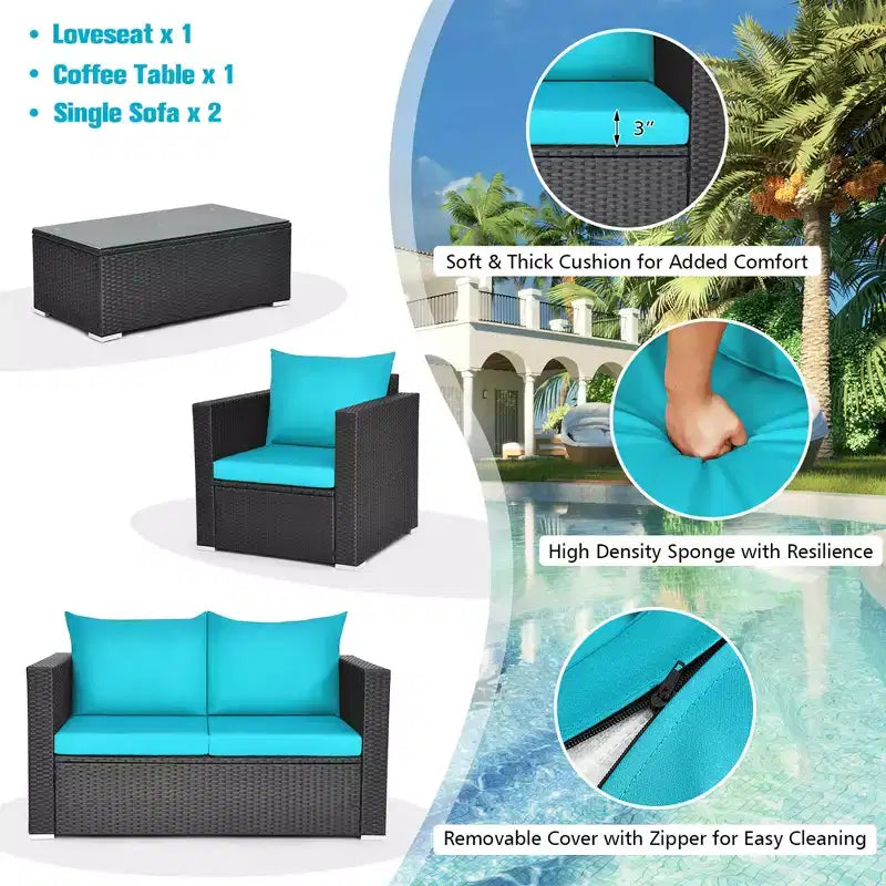 Costway Set 4 Pezzi Patio Rattan Divano Imbottito Sedia Tavolino da Caffè Turchese