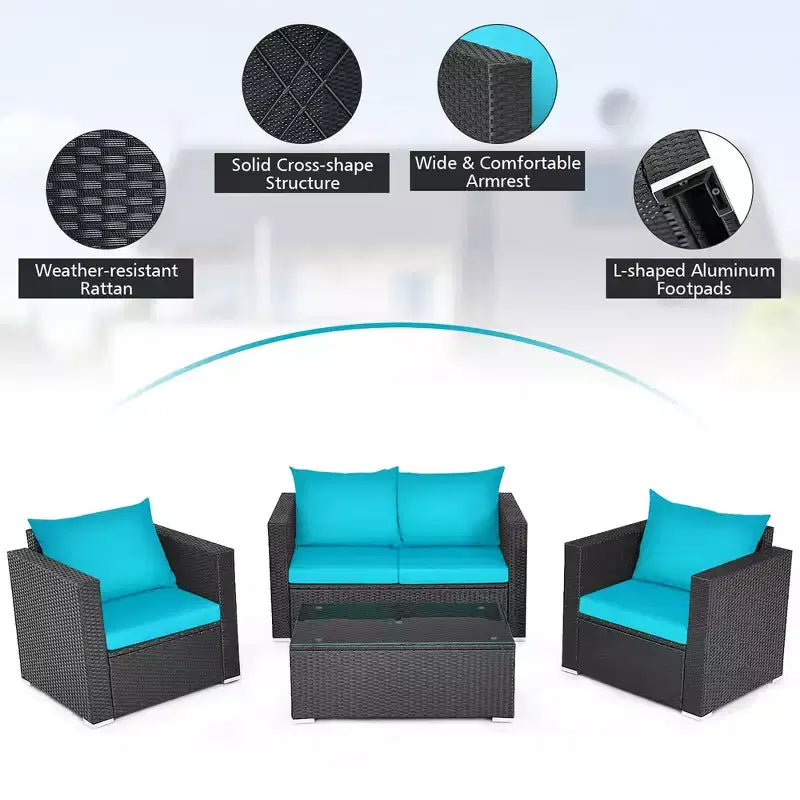 Costway Set 4 Pezzi Patio Rattan Divano Imbottito Sedia Tavolino da Caffè Turchese