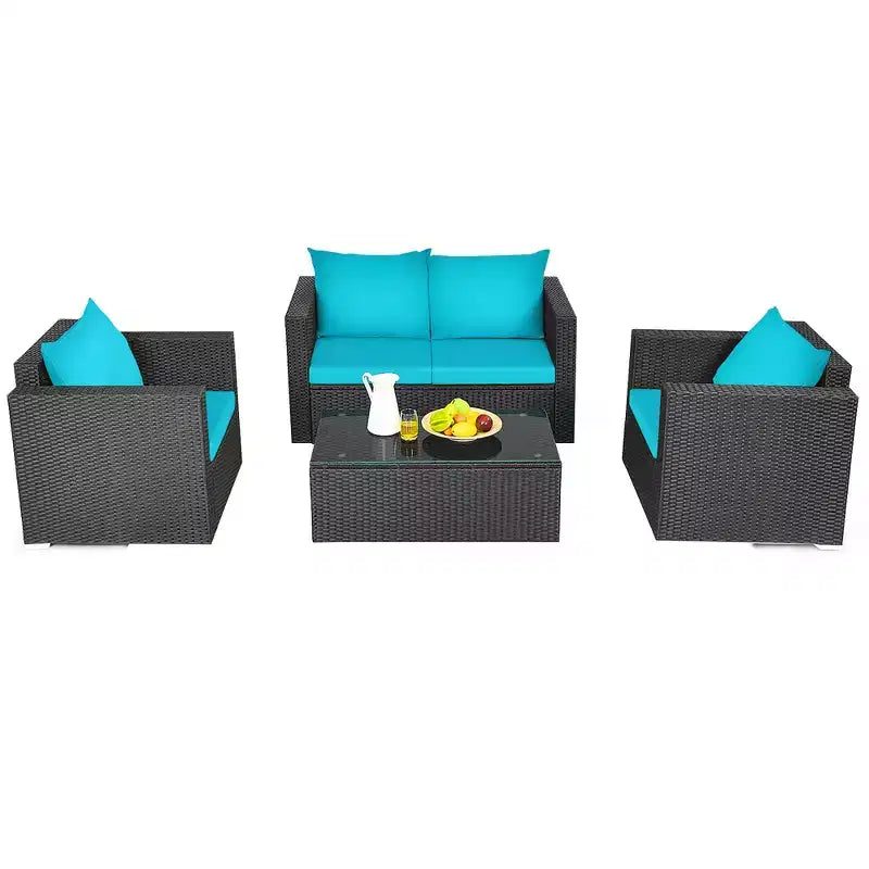 Costway Set 4 Pezzi Patio Rattan Divano Imbottito Sedia Tavolino da Caffè Turchese