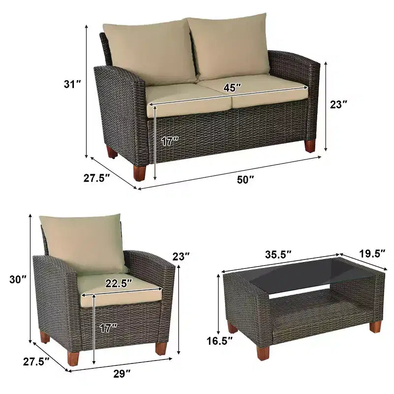 Costway Set Mobili da Giardino 4 Pezzi in Rattan con Gambe in Legno Massello e Cuscini per Esterno