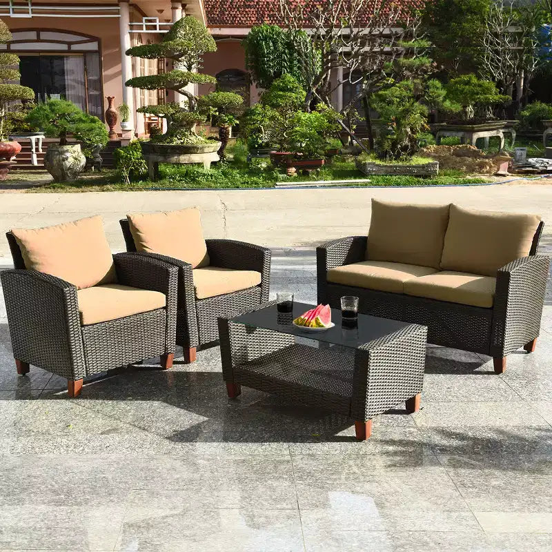 Costway Set Mobili da Giardino 4 Pezzi in Rattan con Gambe in Legno Massello e Cuscini per Esterno