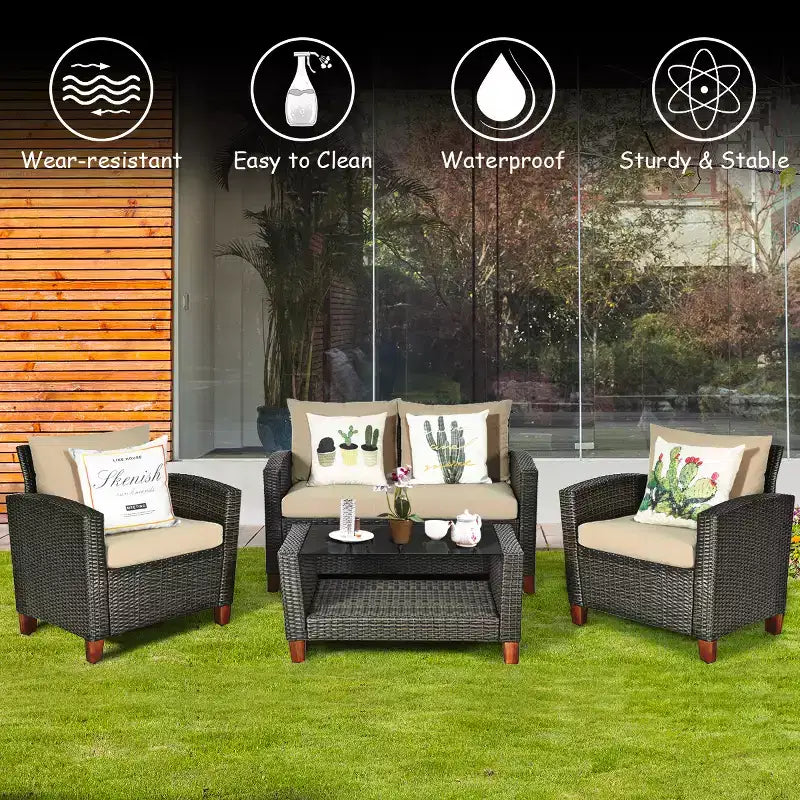 Costway Set Mobili da Giardino 4 Pezzi in Rattan con Gambe in Legno Massello e Cuscini per Esterno