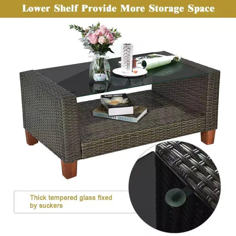 Costway Set Mobili da Giardino 4 Pezzi in Rattan con Gambe in Legno Massello e Cuscini per Esterno