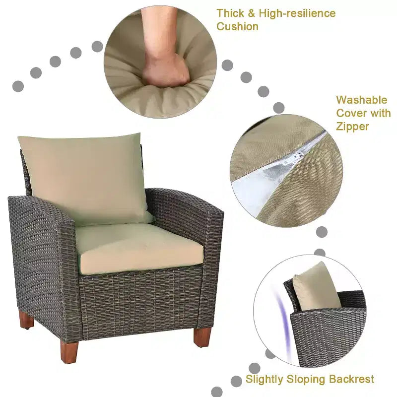 Costway Set Mobili da Giardino 4 Pezzi in Rattan con Gambe in Legno Massello e Cuscini per Esterno