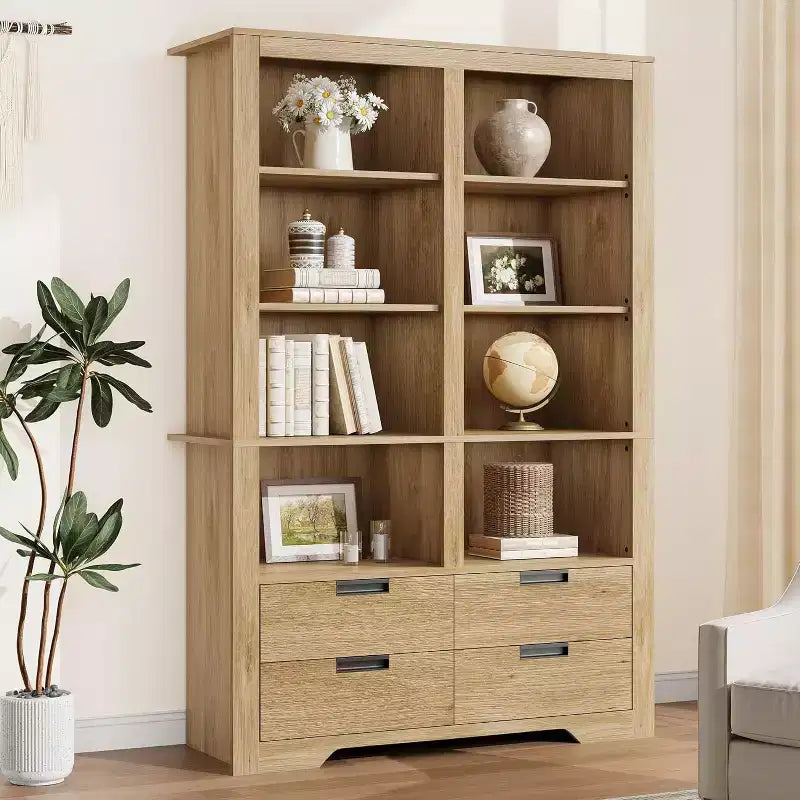 Boekenkast van 72 inch hoog met 4 laden, vrijstaande boekenkast in boerderijstijl voor slaapkamer, woonkamer en thuiskantoor