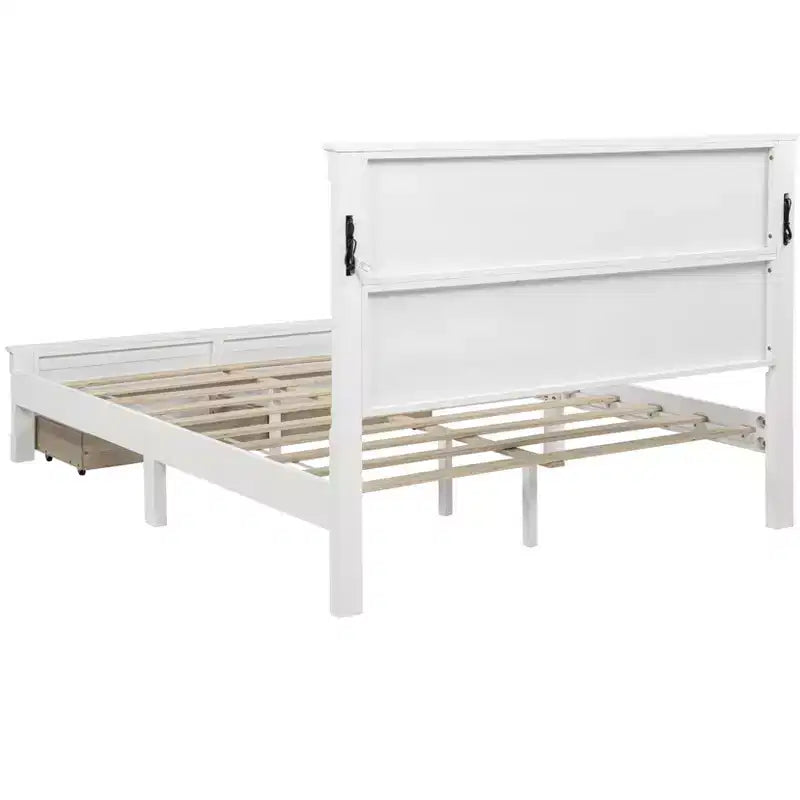 ModernLuxe Queen/King Size Platform Bed with Tall Headboard, Rustic Wood Bed Frame with 2 Drawers, LED Lights & USB Ports