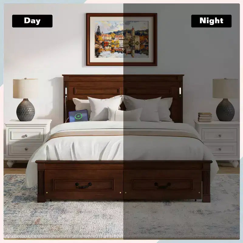 ModernLuxe Queen/King Size Platform Bed with Tall Headboard, Rustic Wood Bed Frame with 2 Drawers, LED Lights & USB Ports