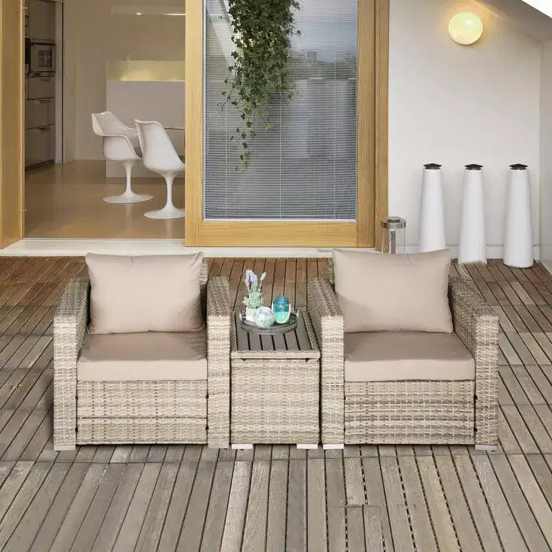 Set da 3 Pezzi per Patio Outsunny, Mobili da Balcone in Rattan PE Intrecciato, Tavolo e Sedie con Cuscini, Tavolo Composito per Appartamento, Grigio