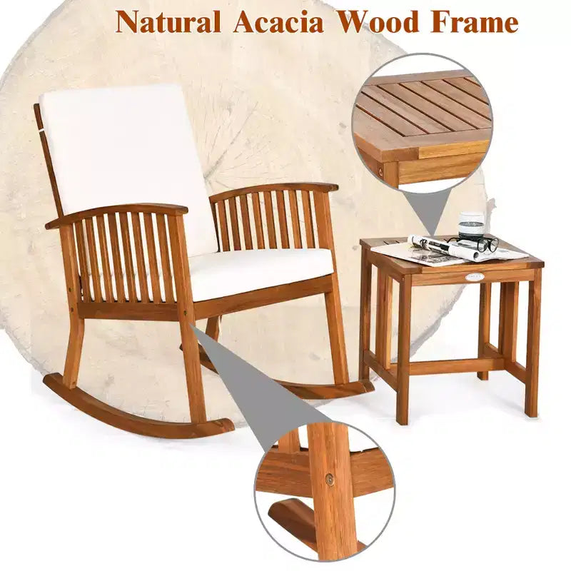 Set 2 Sedie a Dondolo da Esterno Costway in Legno di Acacia con Cuscini e Tavolino