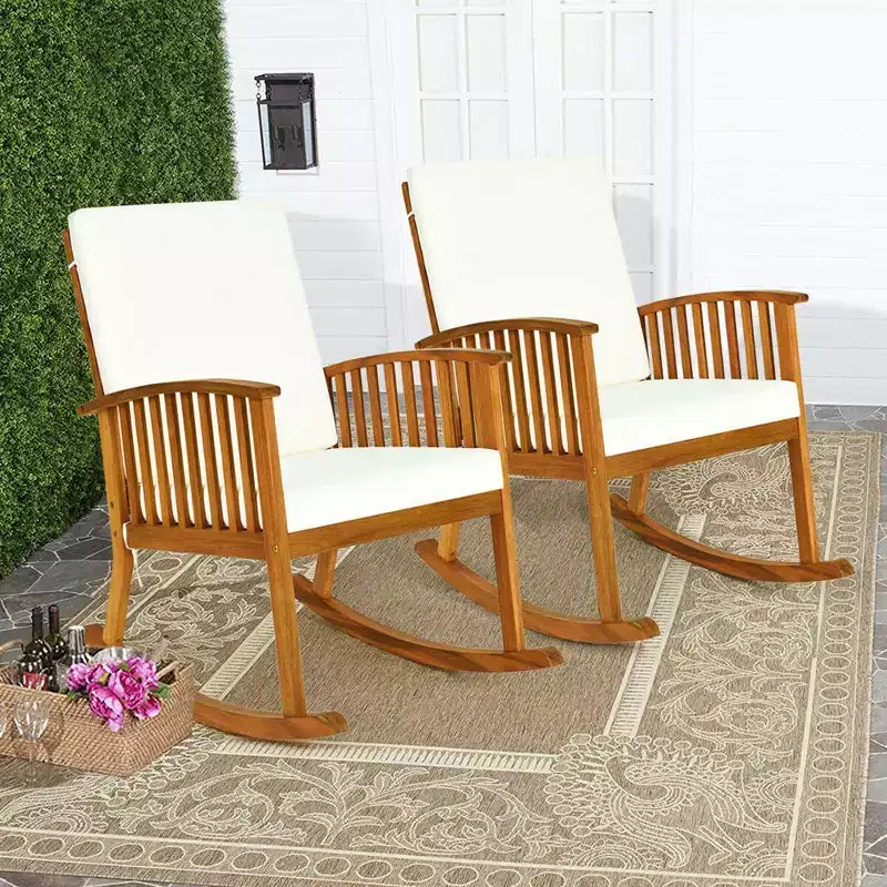 Costway Set 3 Pezzi di Sedie a Dondolo da Patio, Tavolo Rotondo, Divano in Legno Massello con Cuscini, Giardino, Terrazzo