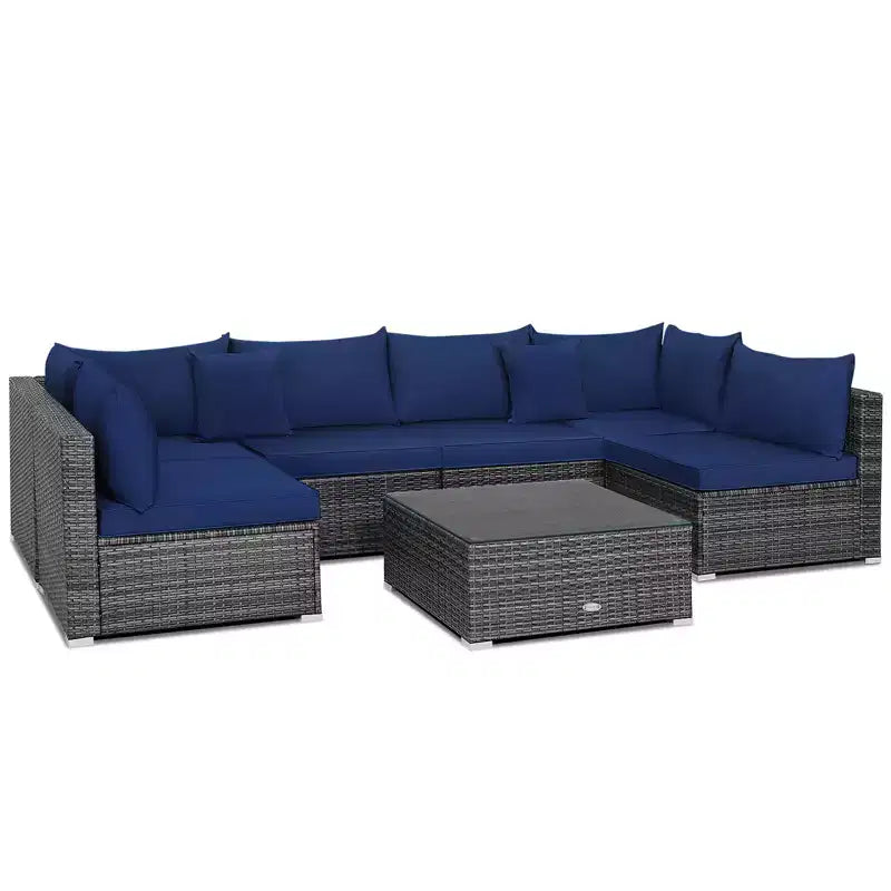 Set Mobili Da Giardino In Rattan Con Divano Sezionale E Cuscini Blu Navy 7 Pezzi Costway