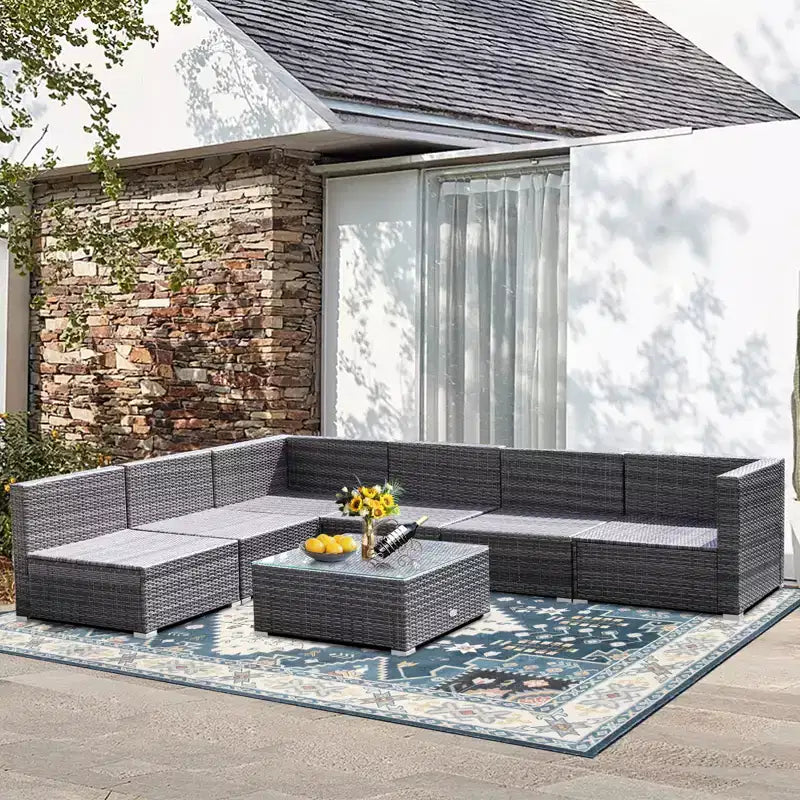Set Mobili Da Giardino In Rattan Con Divano Sezionale E Cuscini Blu Navy 7 Pezzi Costway