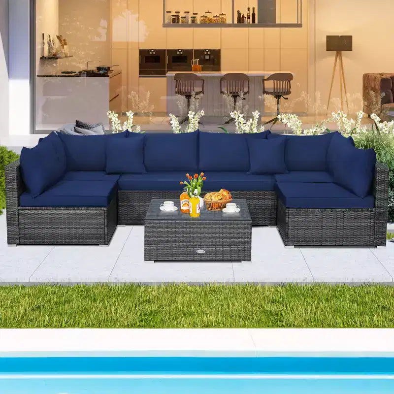 Set Mobili Da Giardino In Rattan Con Divano Sezionale E Cuscini Blu Navy 7 Pezzi Costway