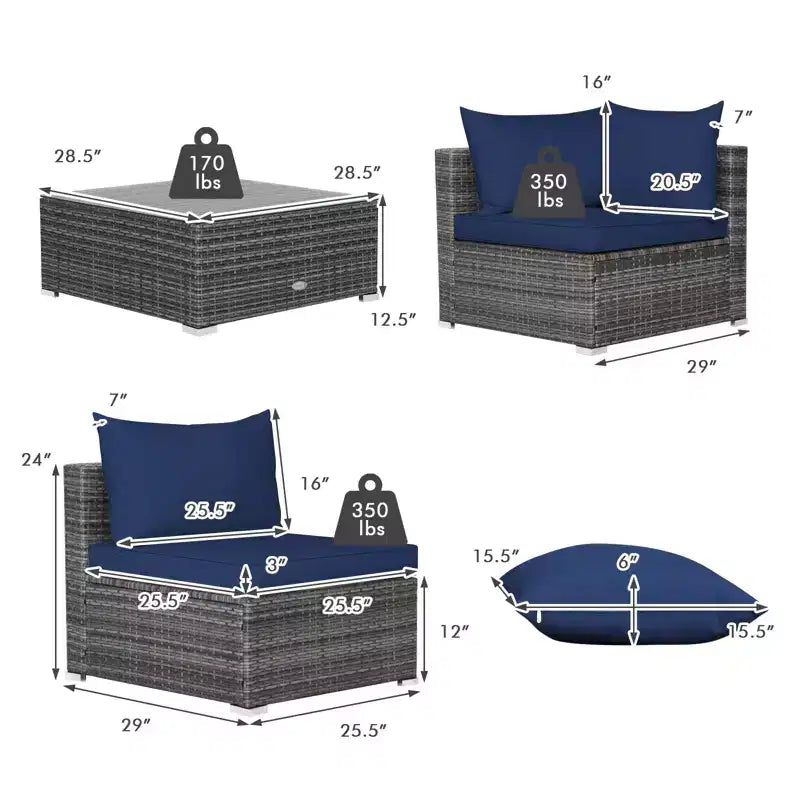 Set Mobili Da Giardino In Rattan Con Divano Sezionale E Cuscini Blu Navy 7 Pezzi Costway