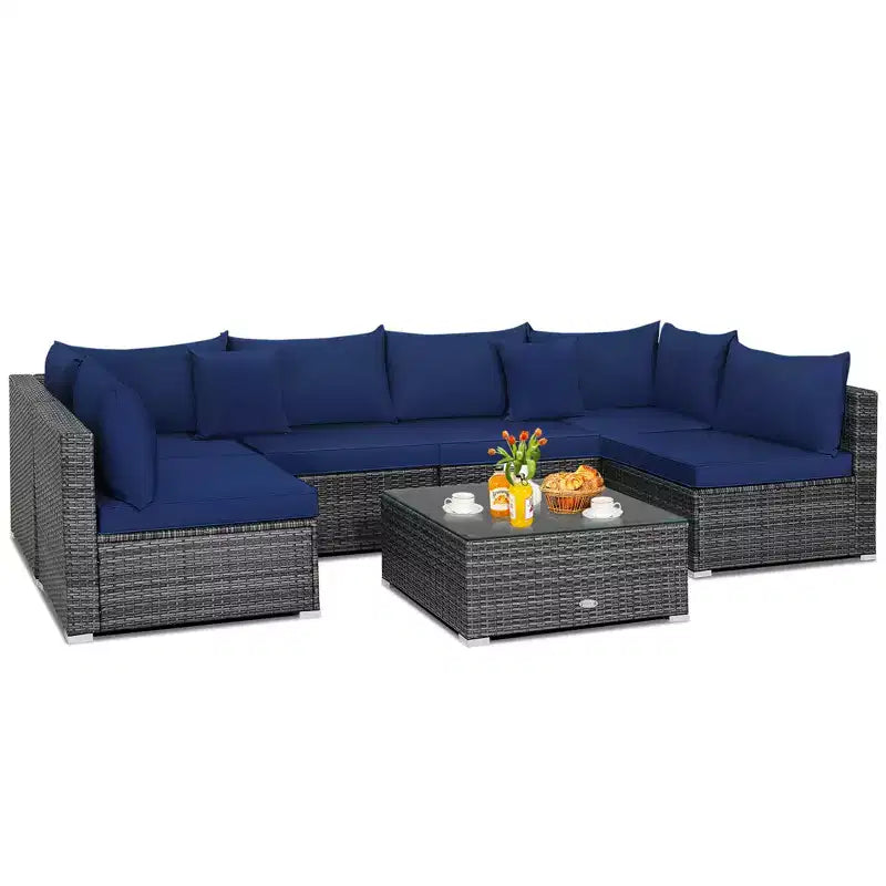 Set Mobili Da Giardino In Rattan Con Divano Sezionale E Cuscini Blu Navy 7 Pezzi Costway