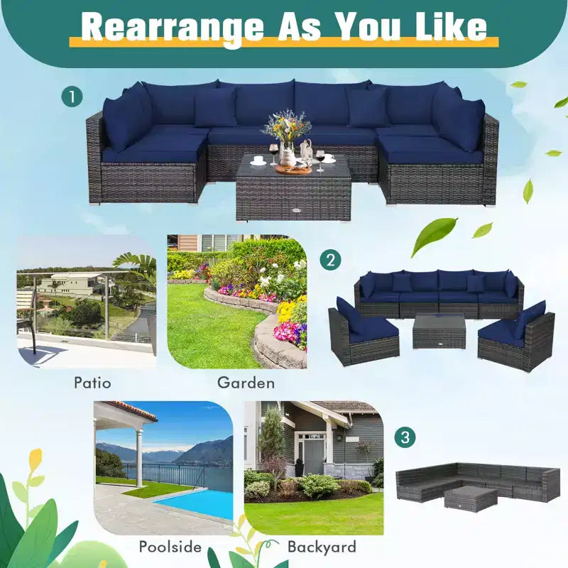 Set Mobili Da Giardino In Rattan Con Divano Sezionale E Cuscini Blu Navy 7 Pezzi Costway