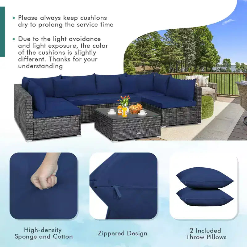 Set Mobili Da Giardino In Rattan Con Divano Sezionale E Cuscini Blu Navy 7 Pezzi Costway