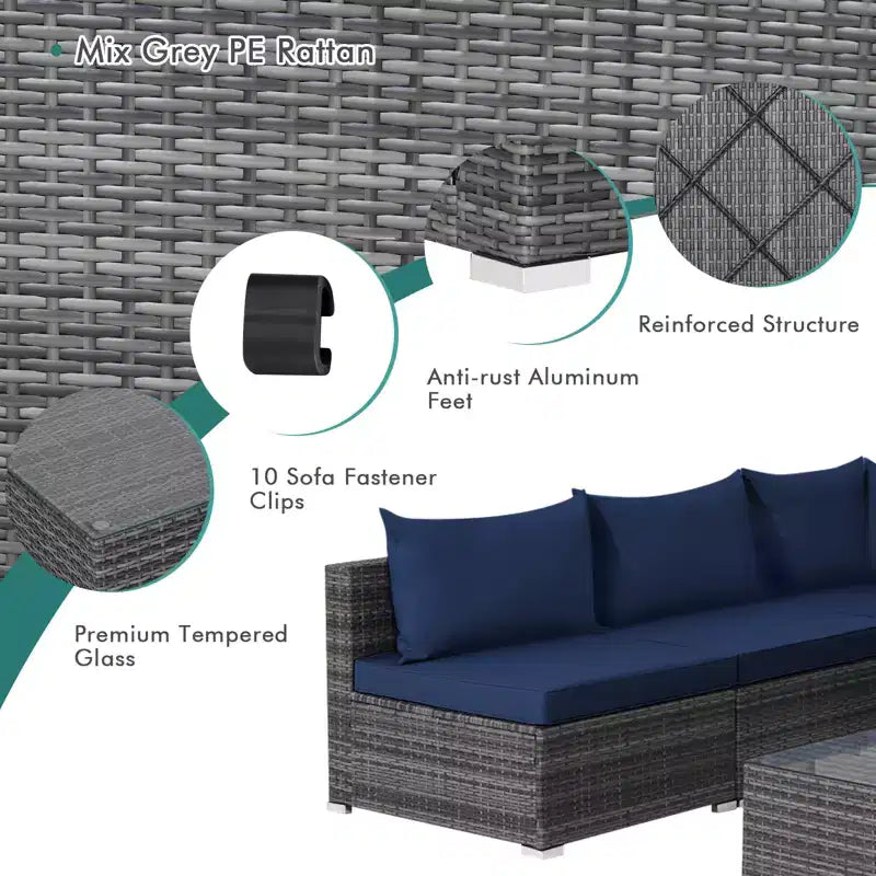 Set Mobili Da Giardino In Rattan Con Divano Sezionale E Cuscini Blu Navy 7 Pezzi Costway