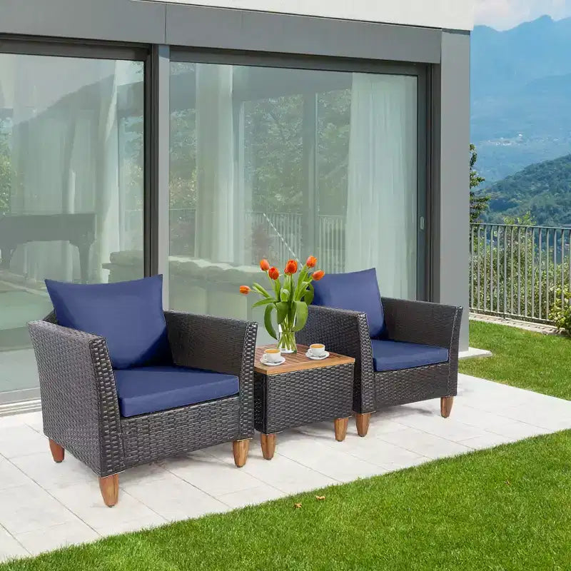 Costway Set Divano da Giardino in Rattan Intrecciato 3 Pezzi con Struttura in Legno di Acacia, Colore Grigio/Rosso/Turchese/Blu Marino/Nero/Marrone Misto