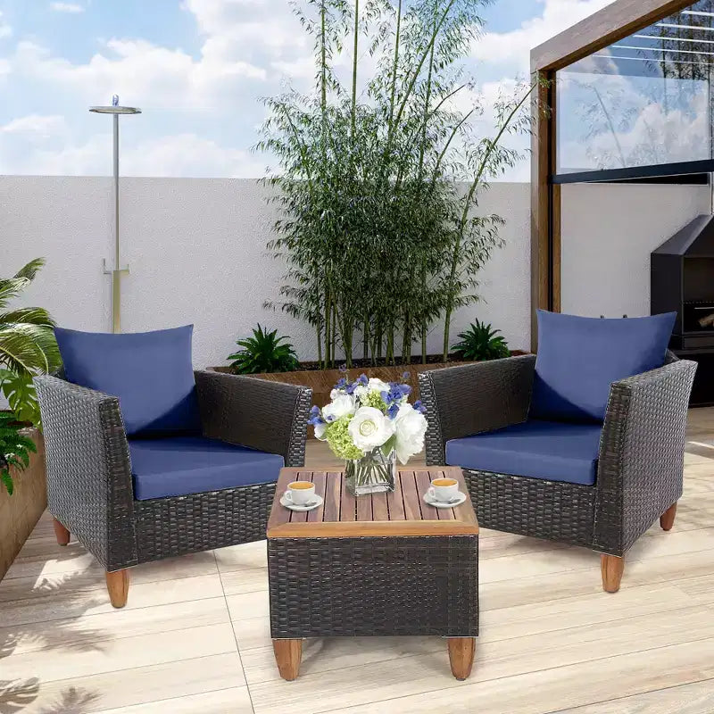 Costway Set Divano da Giardino in Rattan Intrecciato 3 Pezzi con Struttura in Legno di Acacia, Colore Grigio/Rosso/Turchese/Blu Marino/Nero/Marrone Misto