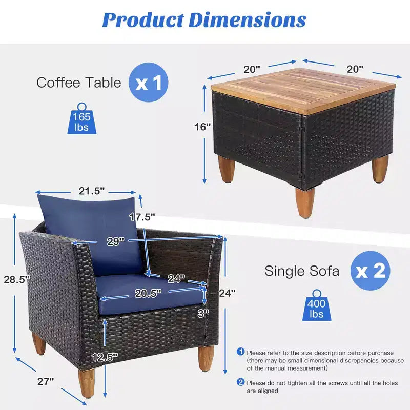 Costway Set Divano da Giardino in Rattan Intrecciato 3 Pezzi con Struttura in Legno di Acacia, Colore Grigio/Rosso/Turchese/Blu Marino/Nero/Marrone Misto